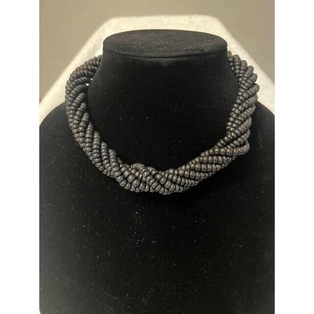 Vtg Dark Gray Black Wood Beaded Multiple Strands Choker Style Necklace